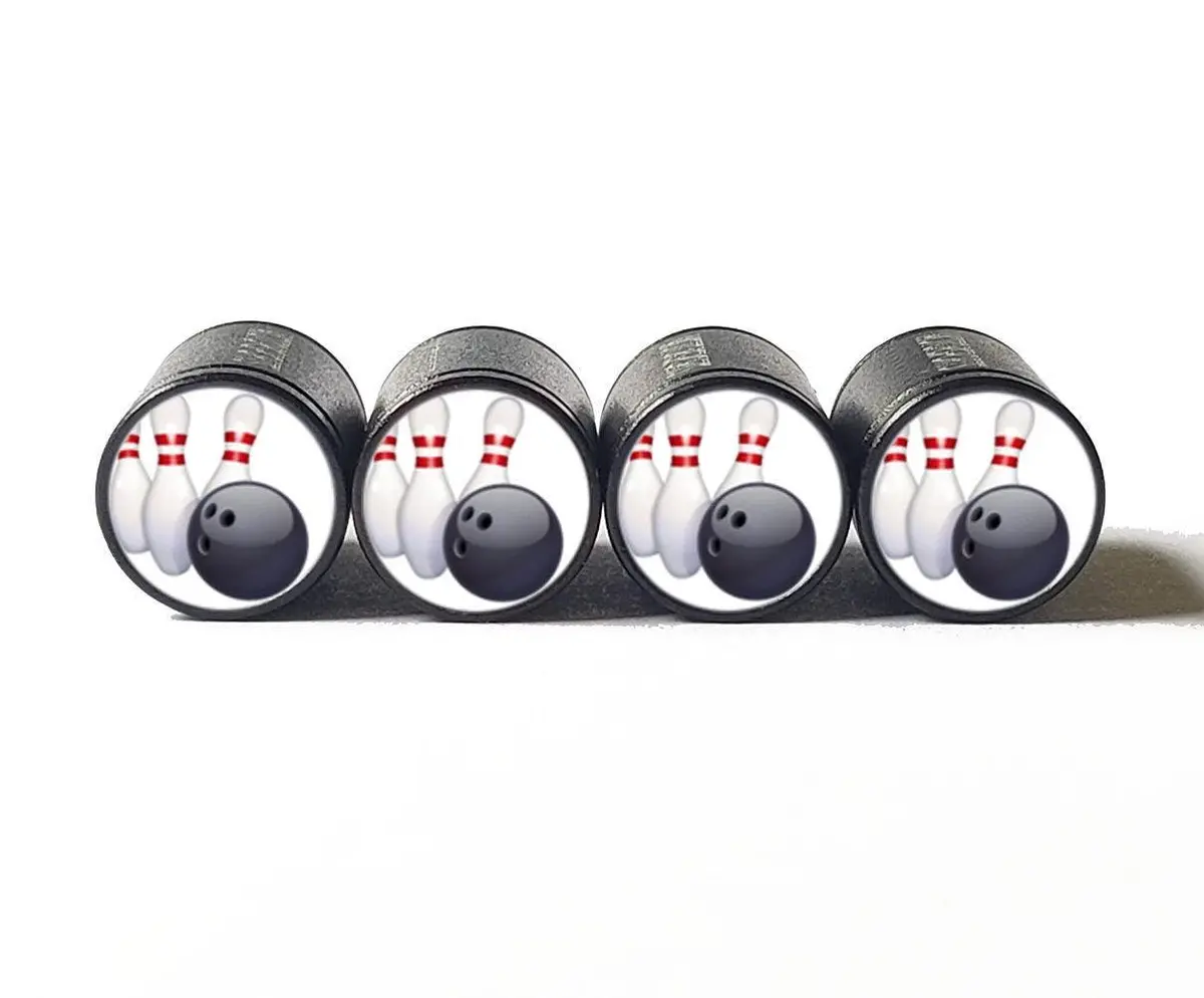 Bowling Ball And Pins Tire Valve Caps - Black Aluminum - Set Of Four 1