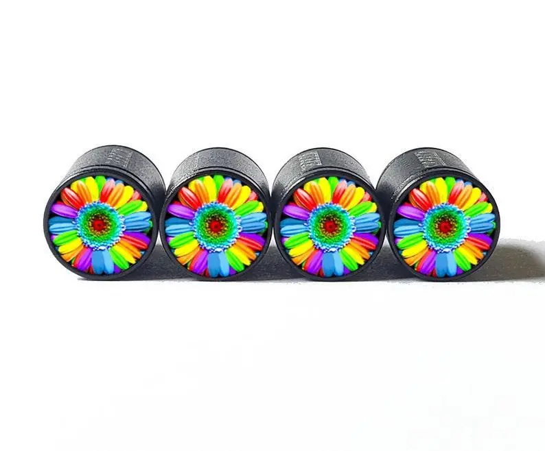 Bright Rainbow Daisy Flower Tire Valve Caps - Aluminum - Set Of Four 1