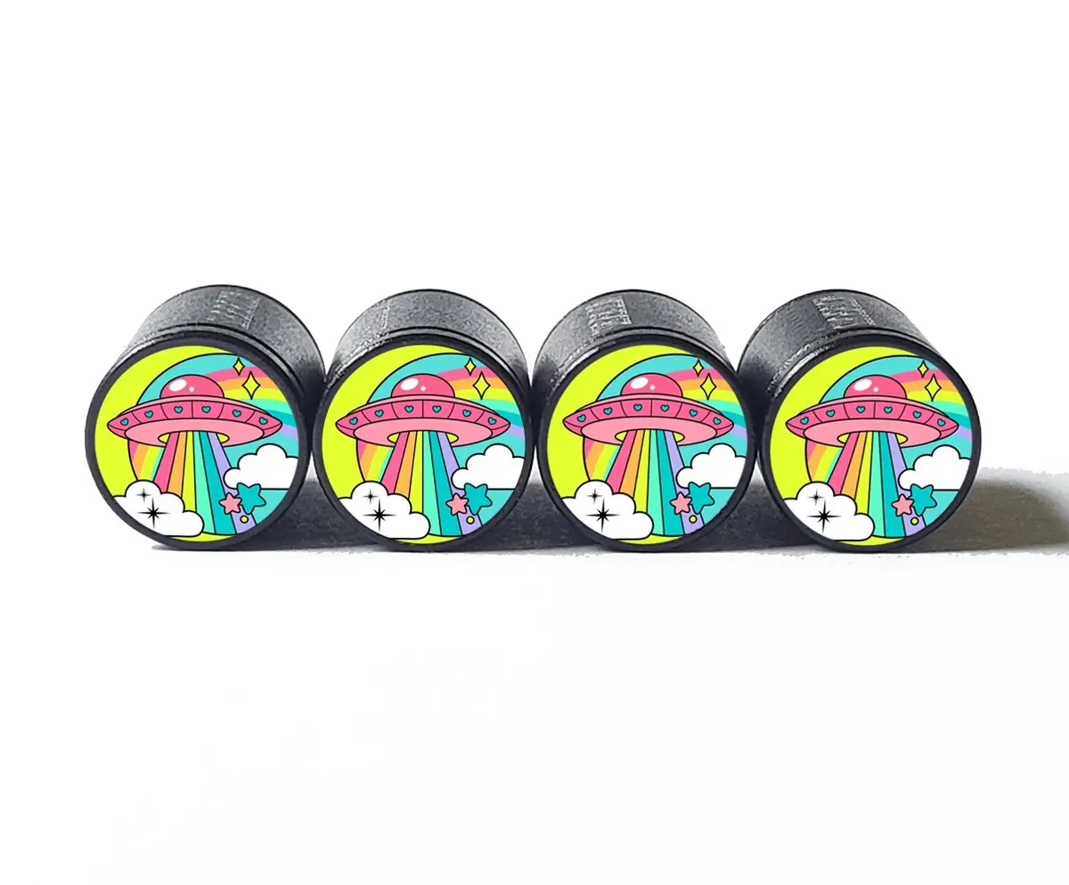 Colorful Ufo Tire Valve Caps - Black Aluminum - Set Of Four 1
