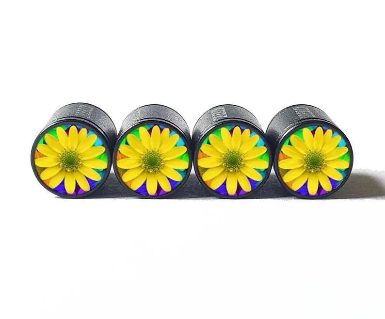 Bright Yellow Flower Tire Valve Caps - Black Aluminum - Set Of Four 1