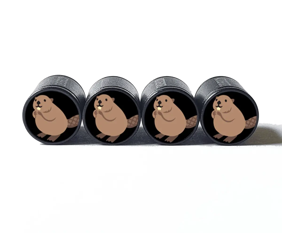 Brown Beaver Emoji Tire Valve Caps - Black Aluminum - Set Of Four 1