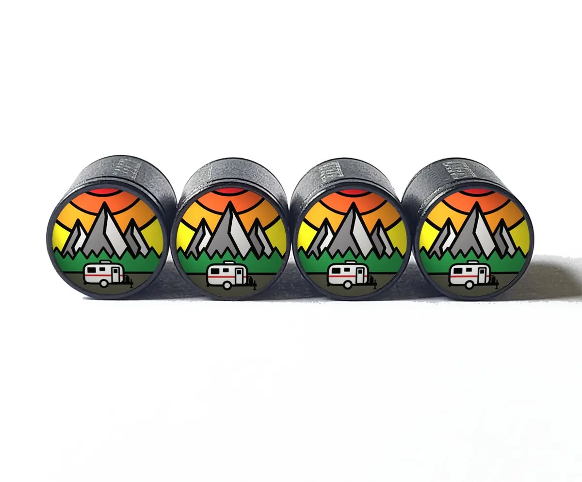 Camping Camper And Mountains Tire Valve Caps - Aluminum - Set Of Four 1