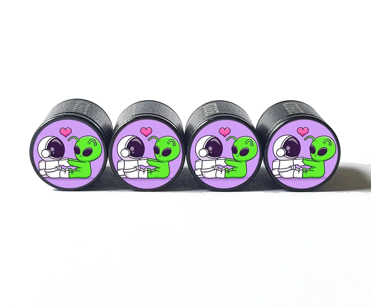 Cartoon Alien And Astronaut Tire Valve Caps - Black Aluminum - Set Of Four 1