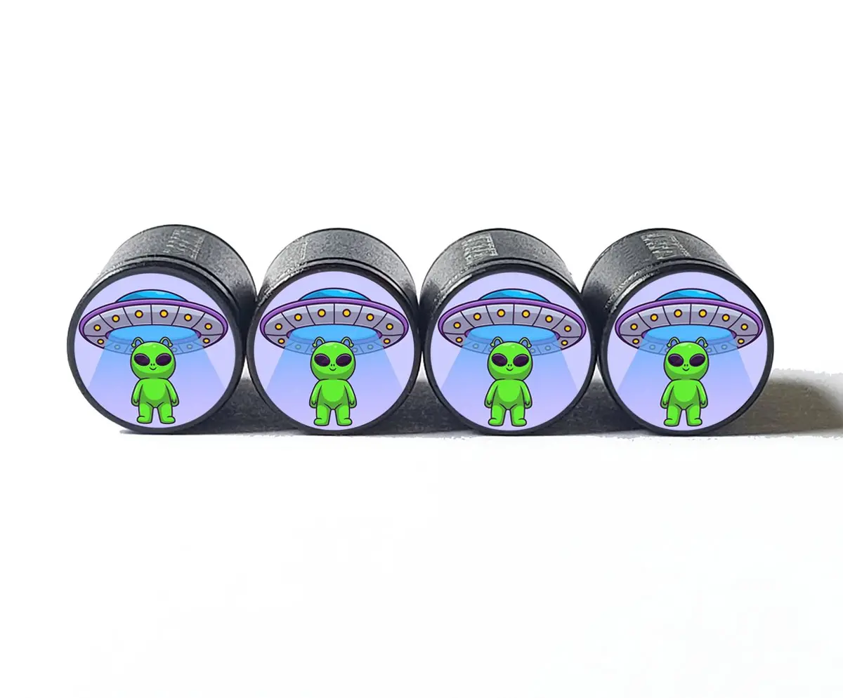 Cartoon Alien And Its Spaceship Tire Valve Caps - Aluminum - Set Of Four 1
