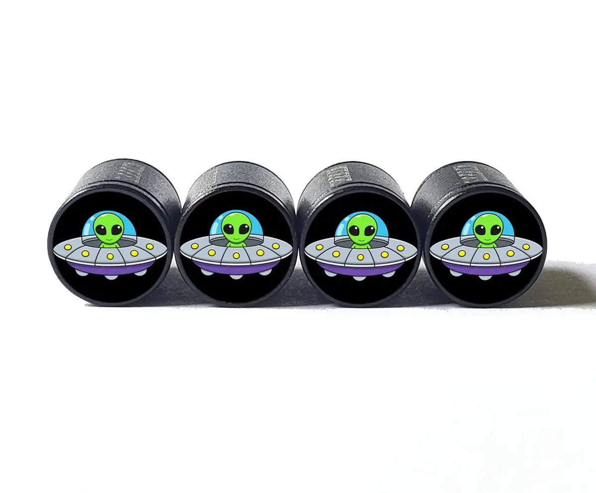 Cartoon Alien In Spaceship Tire Valve Caps - Black Aluminum - Set Of 4 1