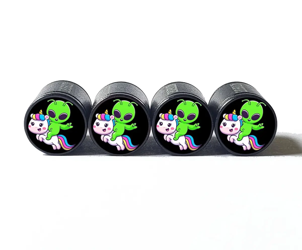 Cute Alien On Unicorn Tire Valve Caps - Black Aluminum - Set Of Four 1