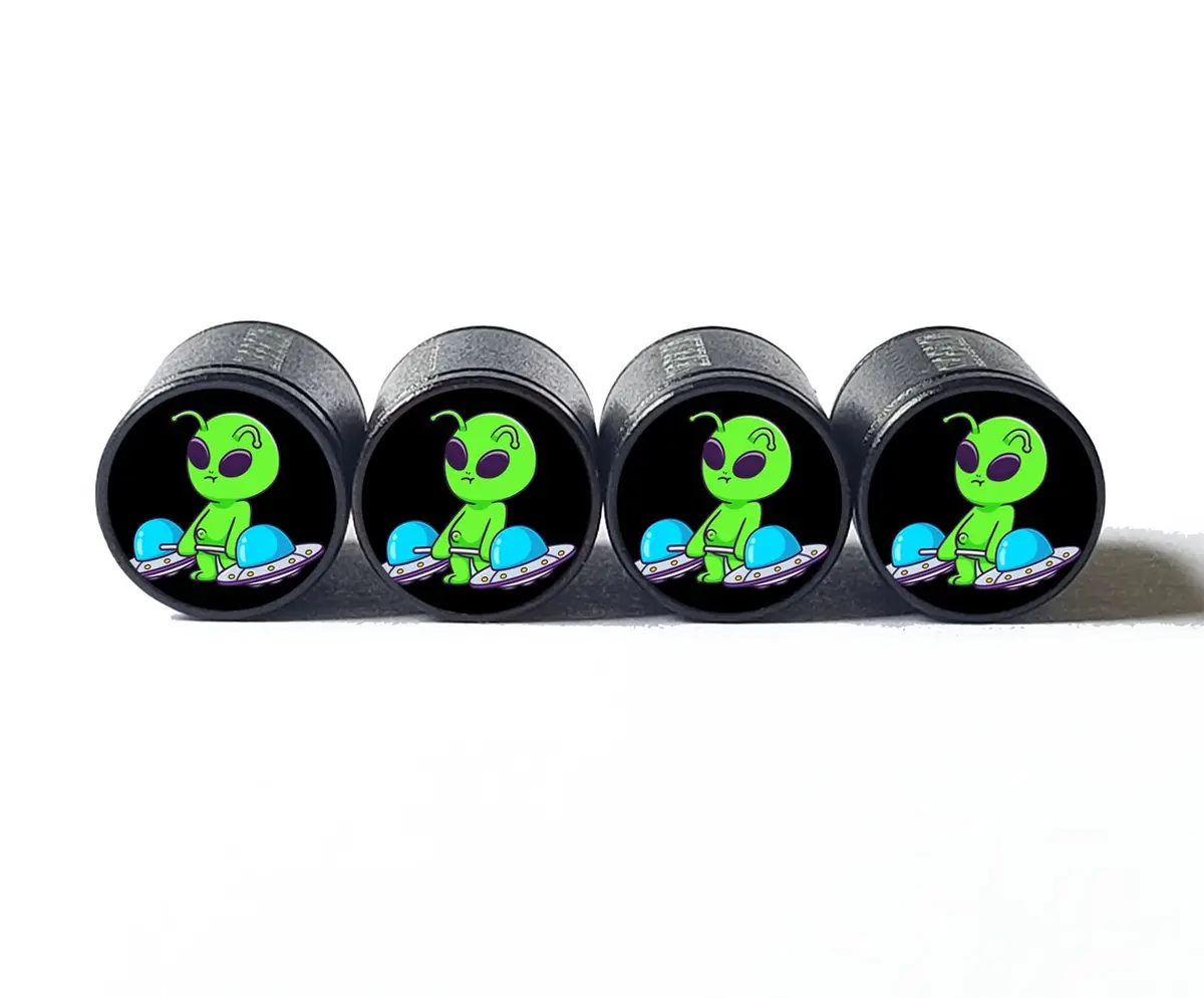 Cartoon Alien Weightlifting Ufo's Tire Valve Caps - Black Aluminum - Set Of Four 1