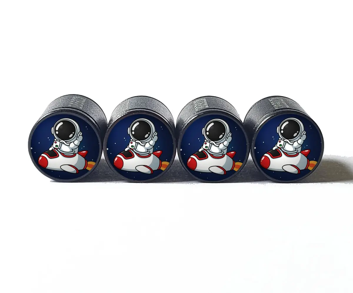 Cartoon Astronaut And Spaceship Tire Valve Caps - Aluminum - Set Of 4 1