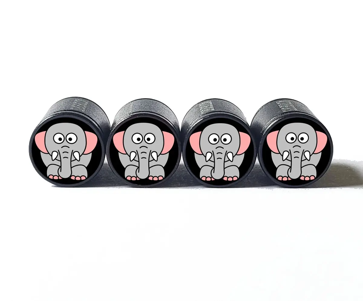 Cartoon Elephant Tire Valve Caps - Black Aluminum - Set Of Four 1