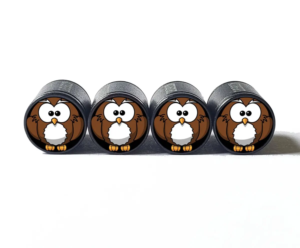 Cartoon Owl (Style 1) Tire Valve Caps - Black Aluminum - Set Of Four 1