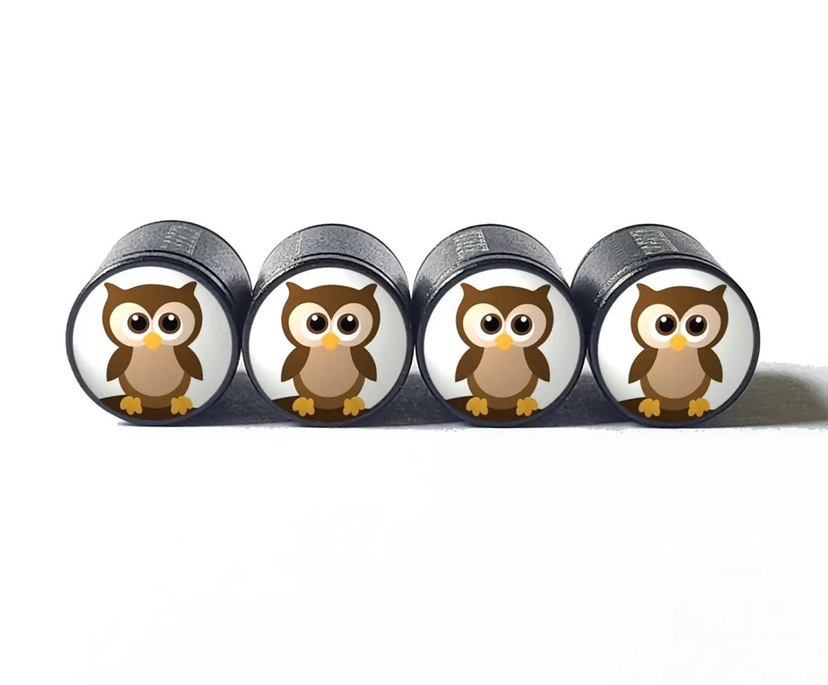 Cartoon Cute Owl (Style 2) Tire Valve Caps - Black Aluminum - Set Of Four 1