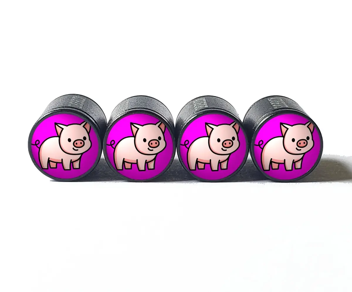 Cartoon Pig Piggy Tire Valve Caps - Black Aluminum - Set Of Four 1