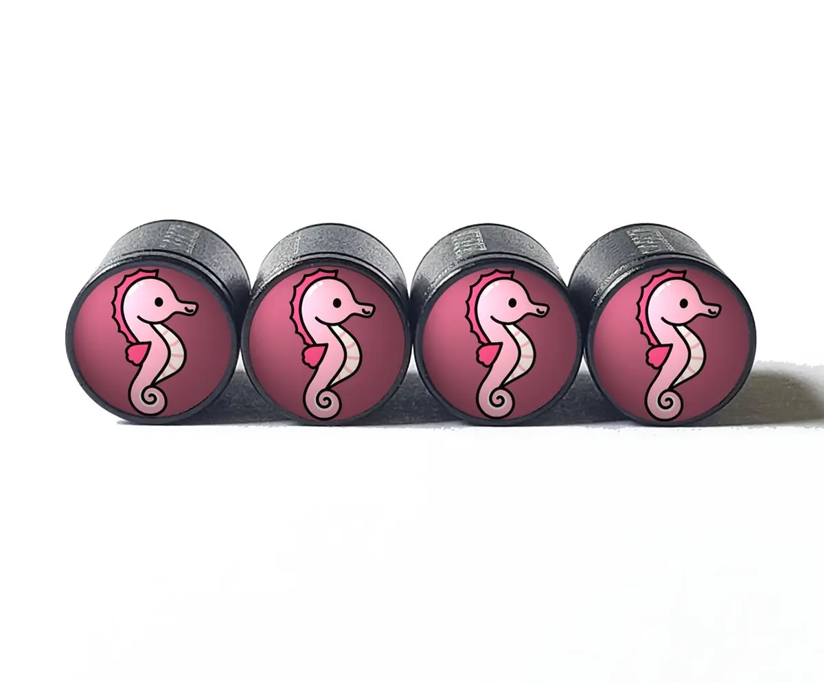 Cartoon Pink Seahorse Tire Valve Caps - Black Aluminum - Set Of Four 1