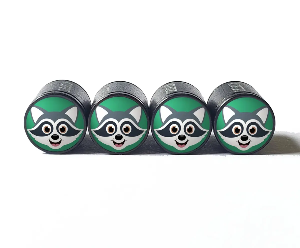 Cartoon Racoon Face Tire Valve Caps - Black Aluminum - Set Of Four 1