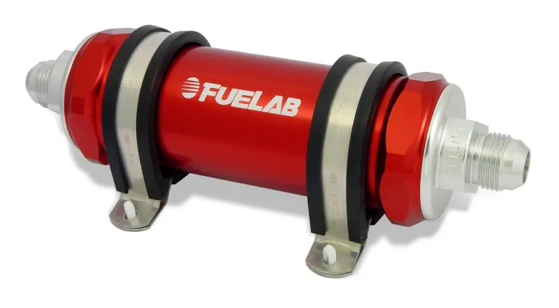Fuelab 858 Inline Fuel Filter – Long Body, -8An Inlet/Outlet, 10-Micron Fabric Element With Integrated Check Valve (Red) 1