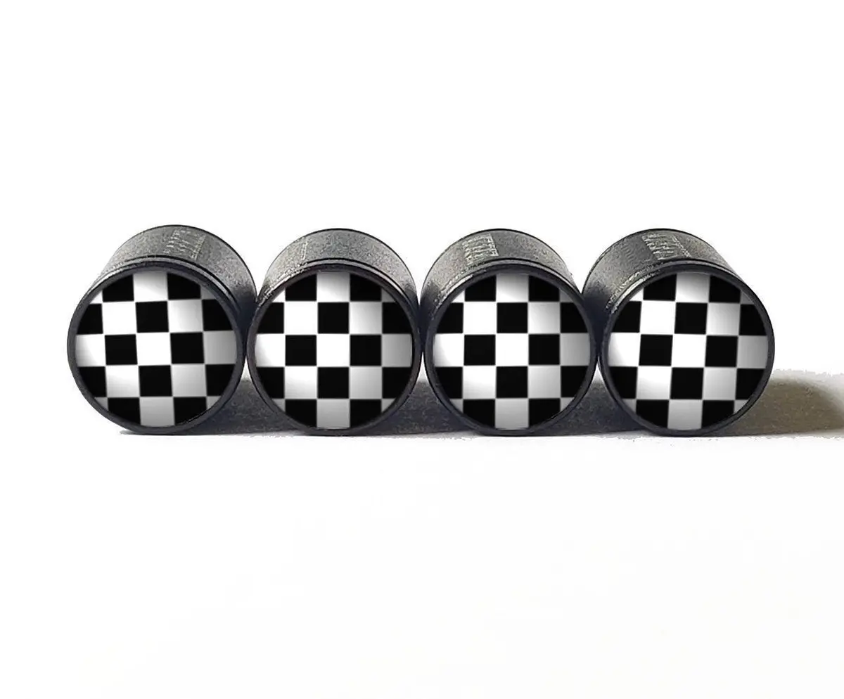 Checkered Flag Tire Valve Caps - Black Aluminum - Set Of Four 1
