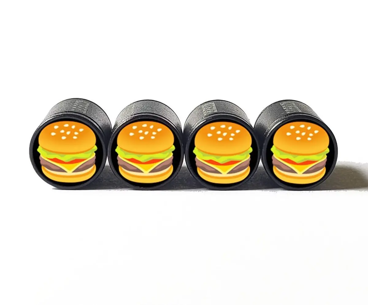 Cheeseburger Emoji Tire Valve Caps - Black Aluminum - Set Of Four 1
