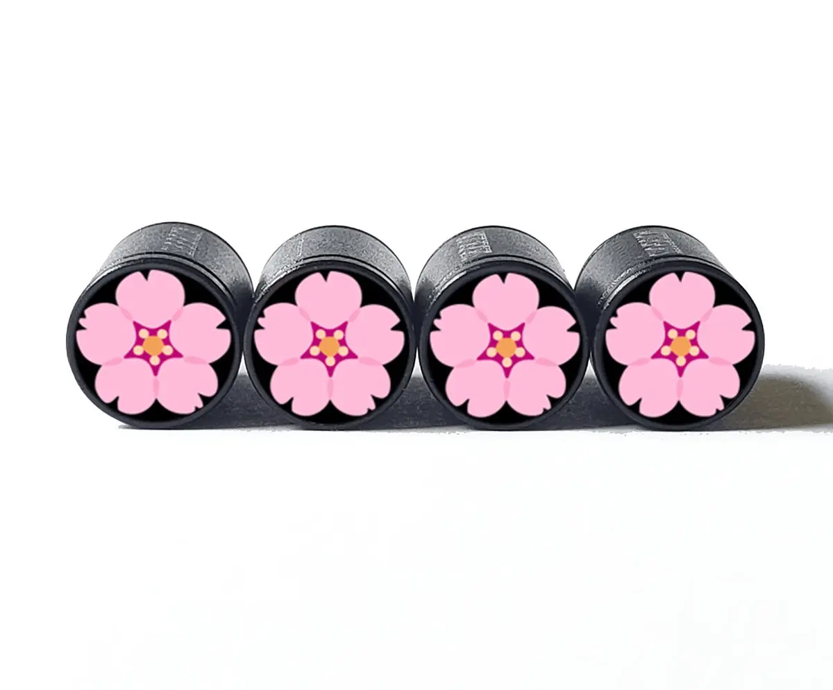 Cherry Blossom Flower Tire Valve Caps - Black Aluminum - Set Of Four 1