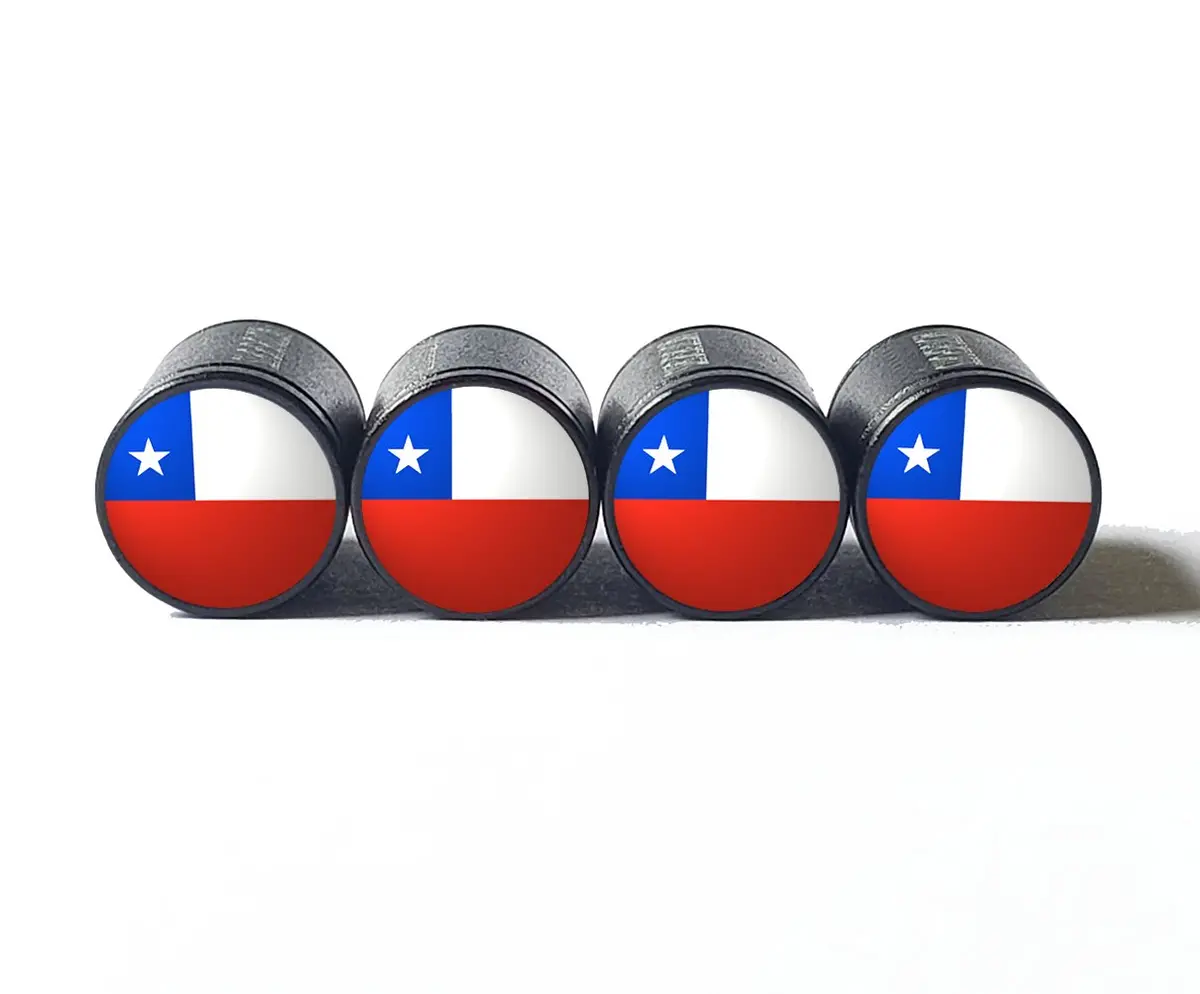 Chile Flag Tire Valve Stem Caps - Black Aluminum - Set Of Four 1