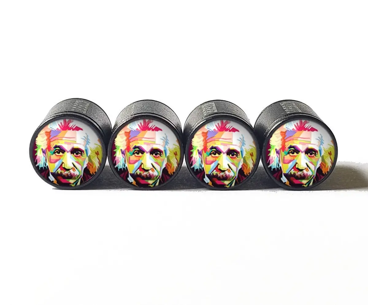 Colorful Albert Einstein Tire Valve Caps - Black Aluminum - Set Of 4 1
