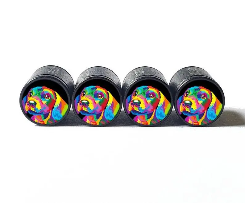 Colorful Beagle Puppy Tire Valve Caps - Black Aluminum - Set Of Four 1