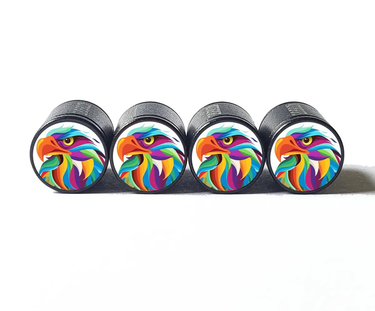 Colorful Eagle Head (Style 1) Tire Valve Caps - Black Aluminum - Set Of Four 1