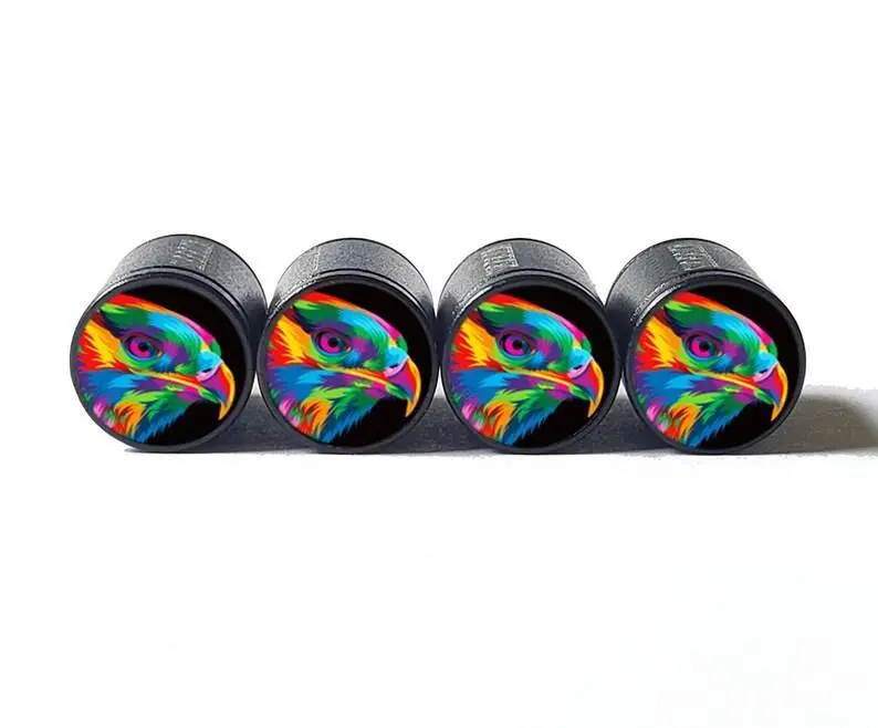 Colorful Eagle Head (Style 2) Tire Valve Caps - Black Aluminum - Set Of Four 1