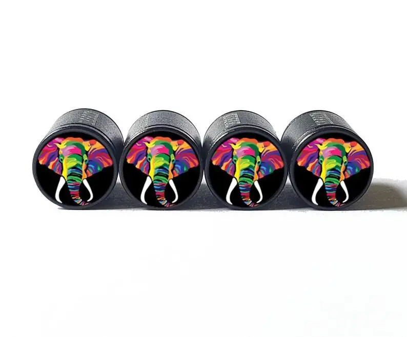 Colorful Elephant (Style 1) Tire Valve Caps - Black Aluminum - Set Of Four 1