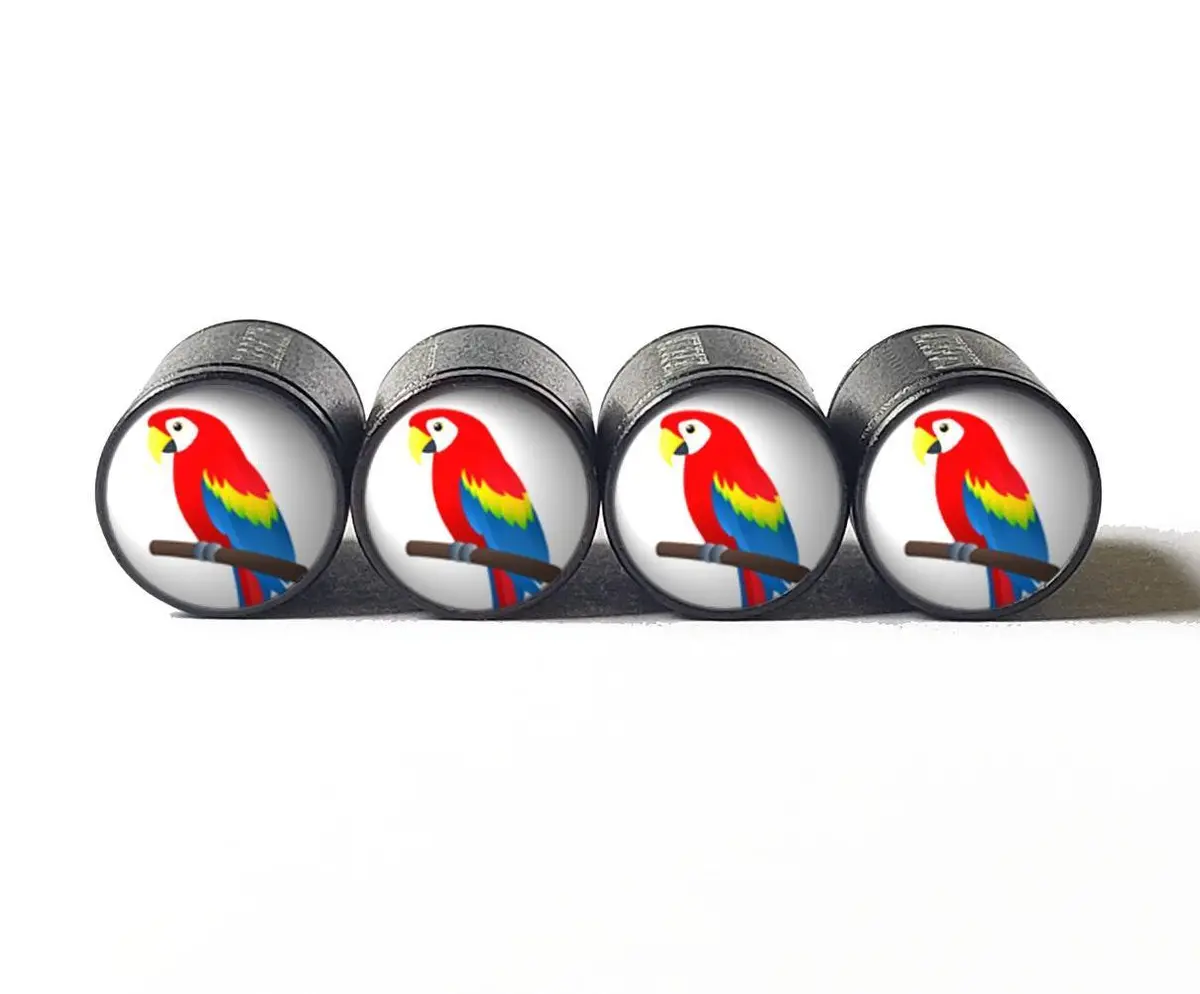 Colorful Parrot Tire Valve Caps - Black Aluminum - Set Of Four 1