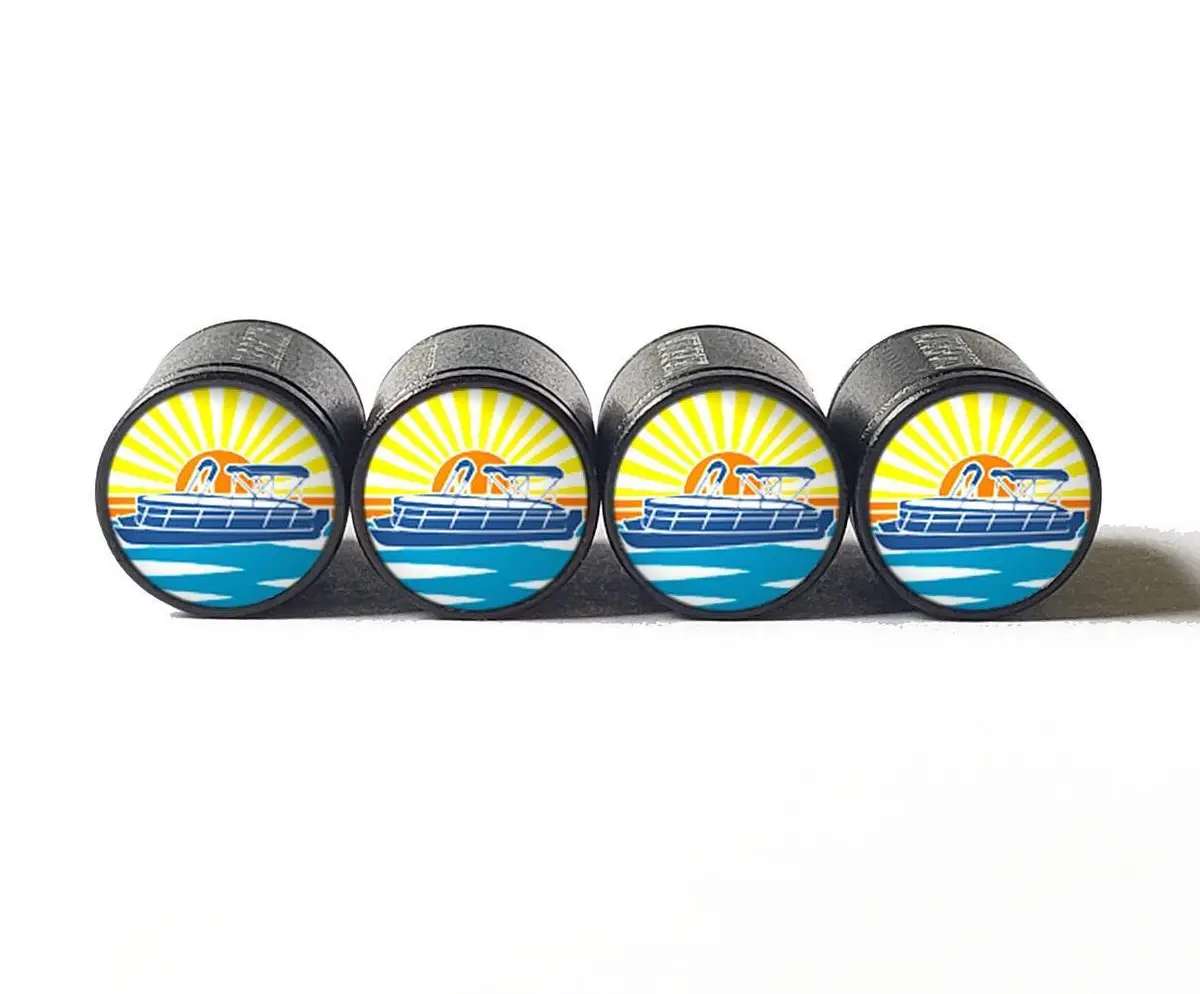 Colorful Pontoon Boat Tire Valve Caps - Black Aluminum - Set Of Four 1