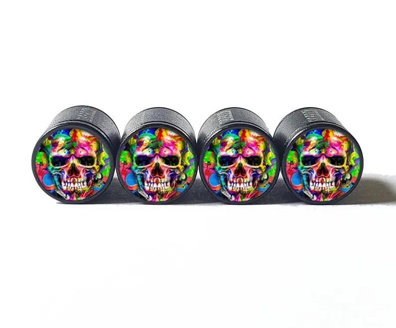 Colorful Skull Tire Valve Stem Caps - Black Aluminum - Set Of Four 1