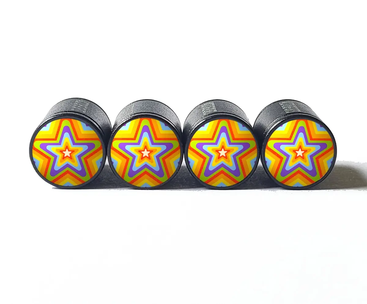 Colorful Stars Tire Valve Stem Caps - Black Aluminum - Set Of Four 1