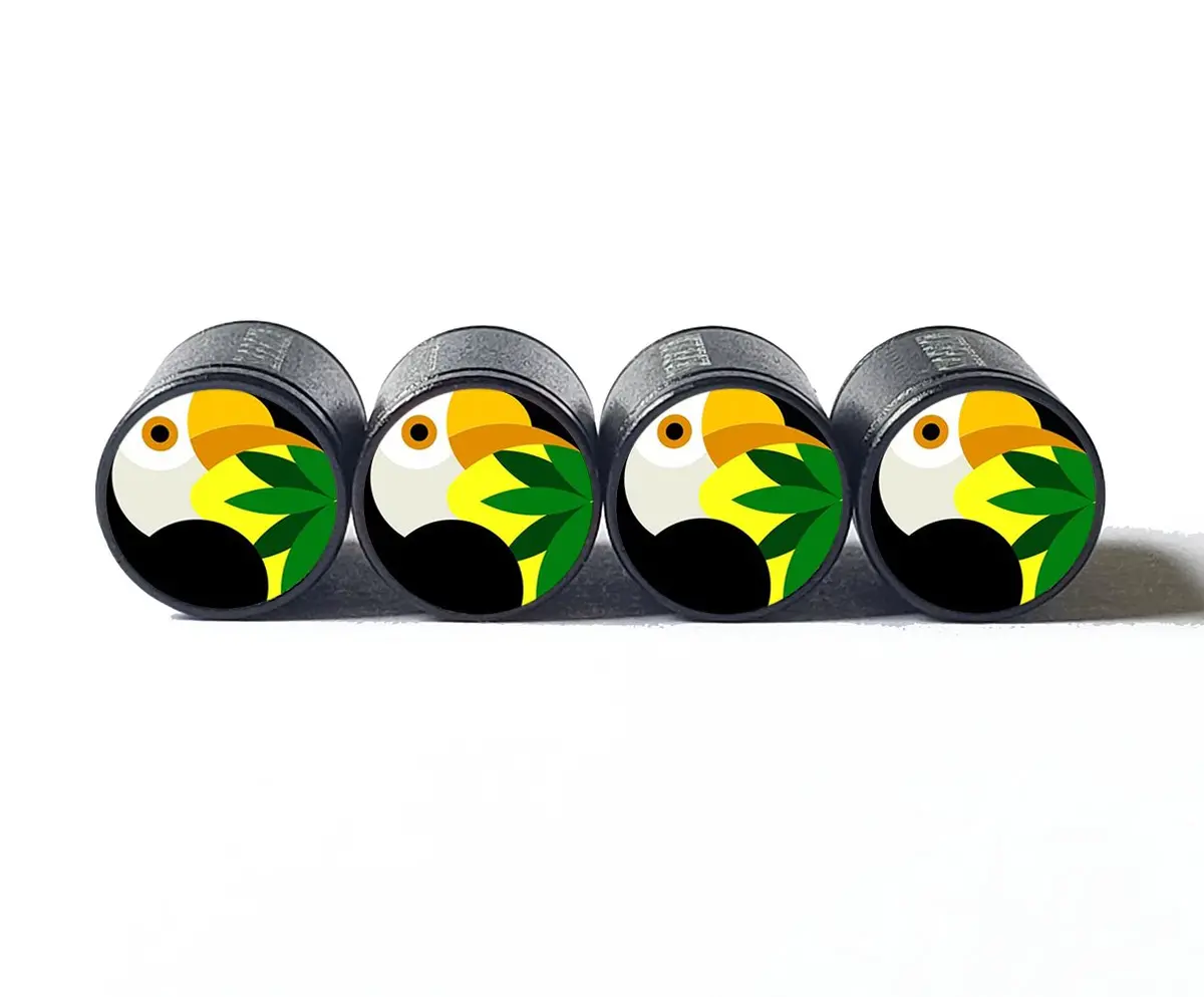 Colorful Toucan Bird Tire Valve Caps - Black Aluminum - Set Of Four 1