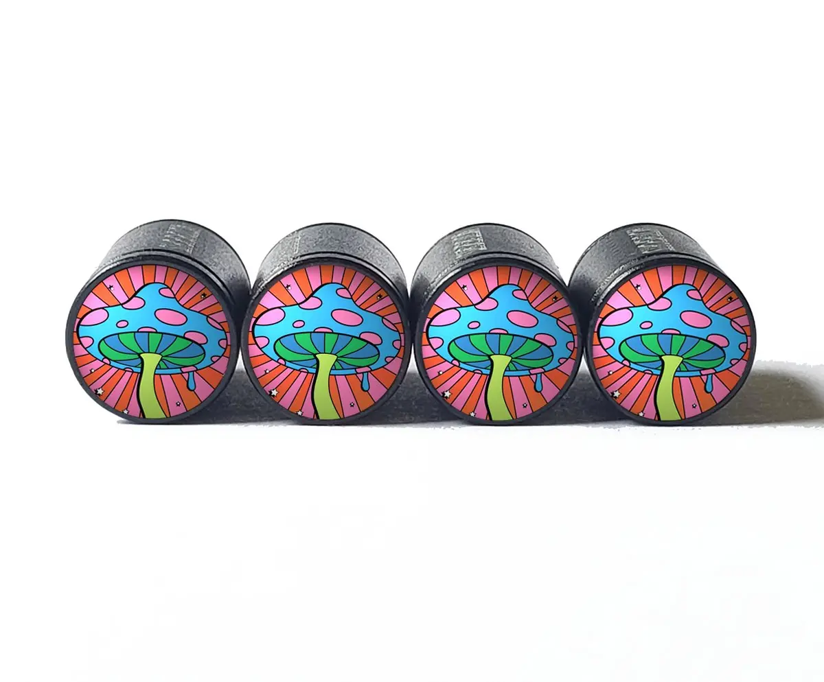 Colorful Trippy Mushroom Tire Valve Caps - Black Aluminum - Set Of 4 1