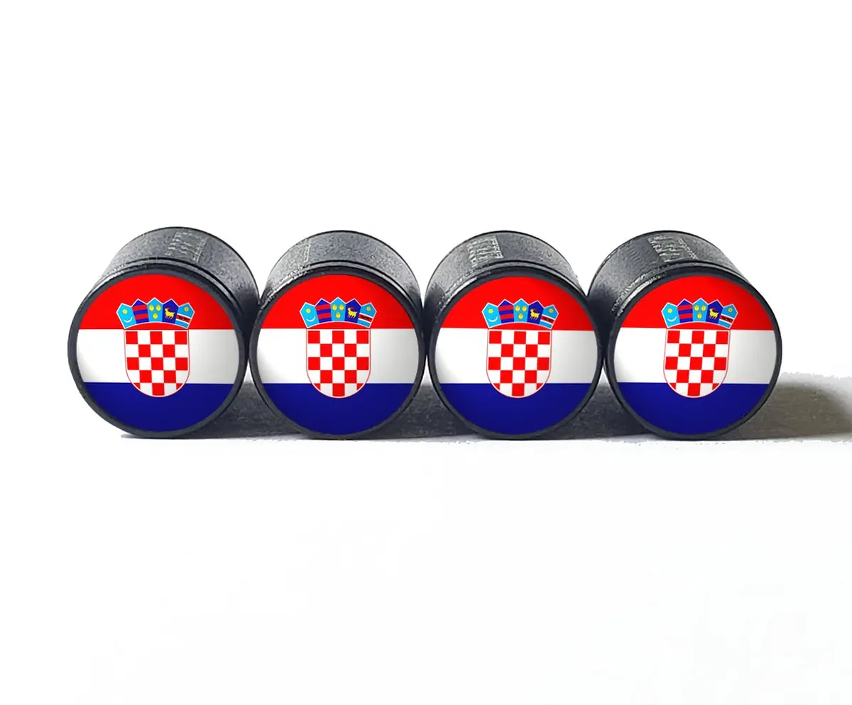 Croatia Flag Tire Valve Stem Caps - Black Aluminum - Set Of Four 1