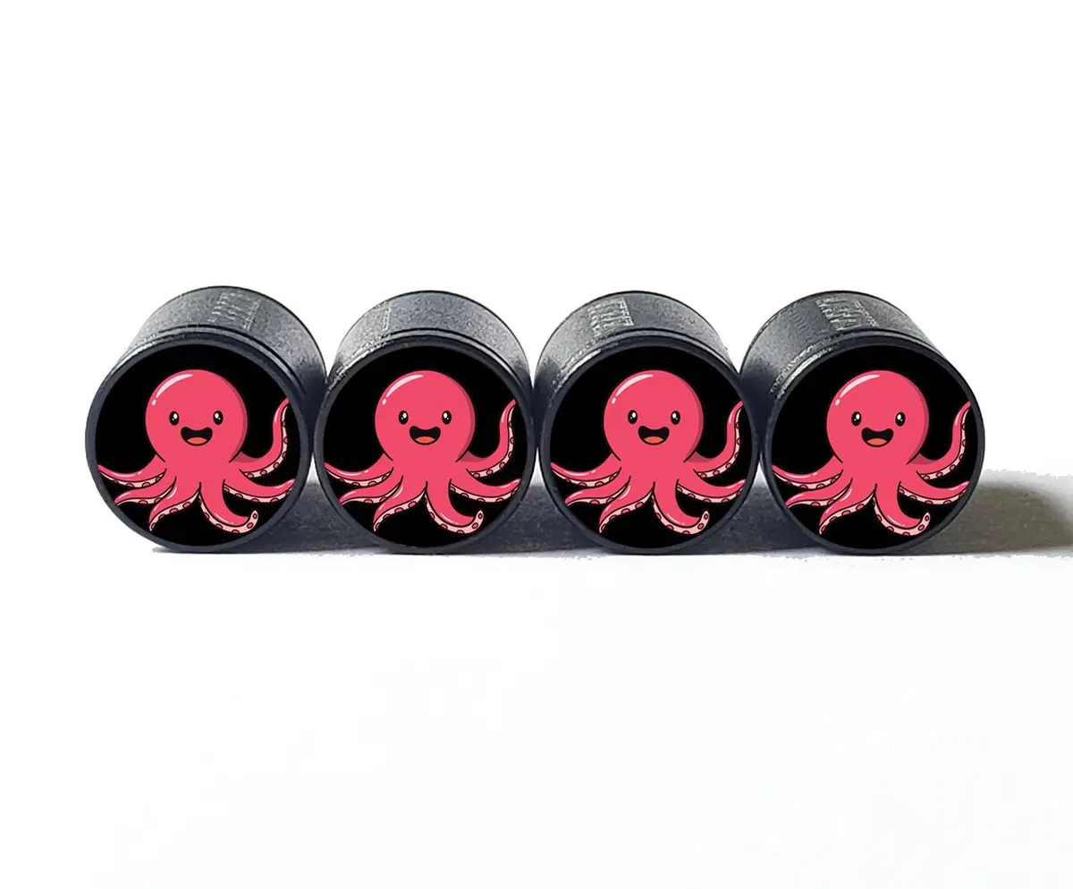 Cute Cartoon Octopus Tire Valve Caps - Black Aluminum - Set Of Four 1