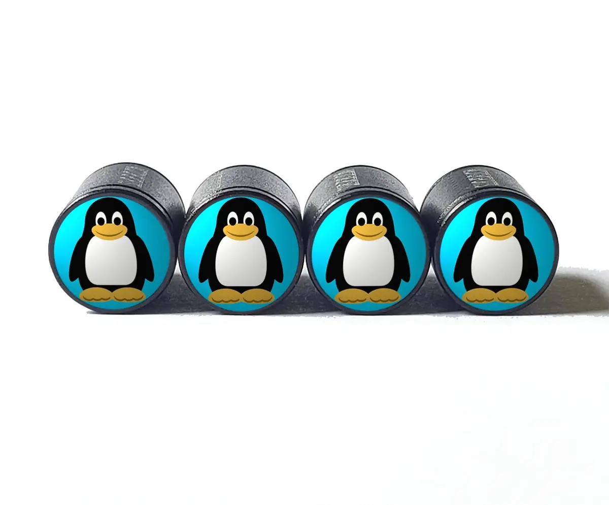 Cute Cartoon Penguin Tire Valve Caps - Black Aluminum - Set Of Four 1