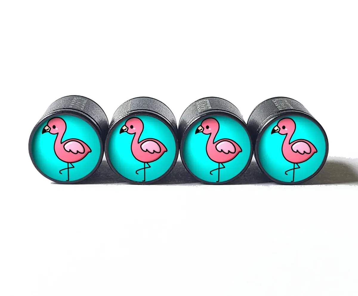 Cute Pink Flamingo Tire Valve Caps - Black Aluminum - Set Of Four 1