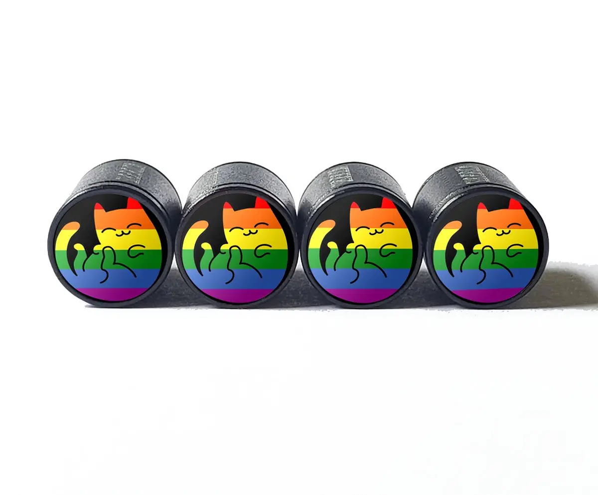 Cute Rainbow Cat Kitten Tire Valve Caps - Black Aluminum - Set Of Four 1