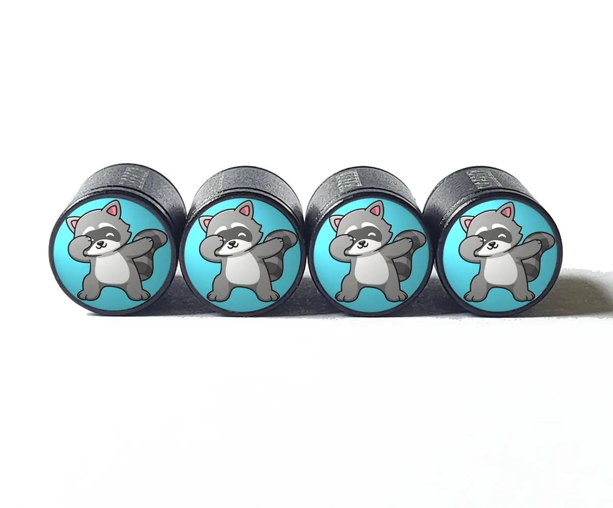 Dabbing Cartoon Racoon Tire Valve Caps - Black Aluminum - Set Of Four 1