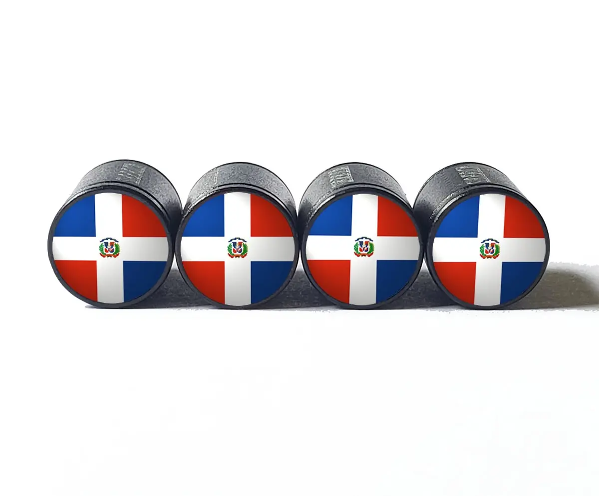 Dominican Republic Flag Tire Valve Caps - Black Aluminum - Set Of Four 1