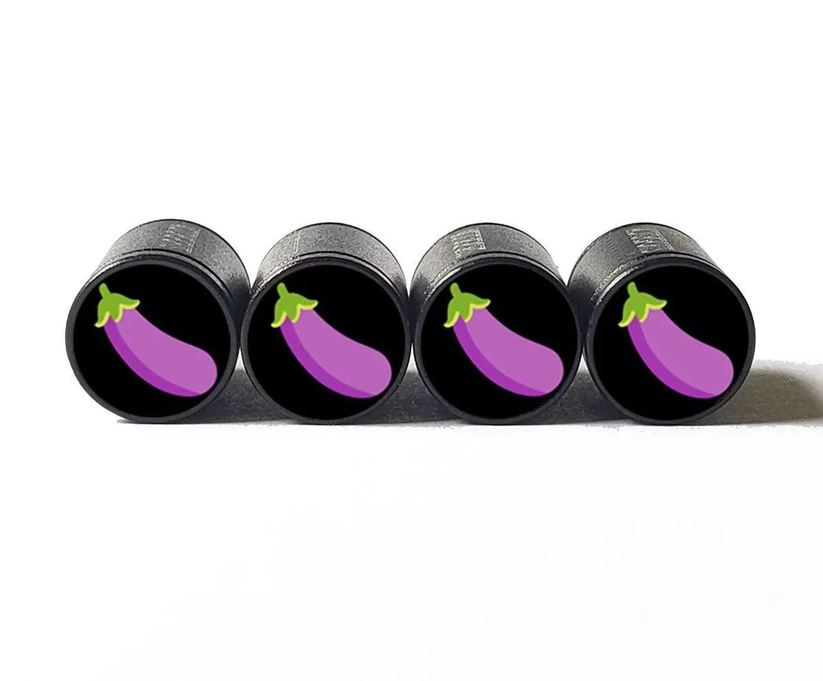 Eggplant Emoji Tire Valve Stem Caps - Black Aluminum - Set Of Four 1
