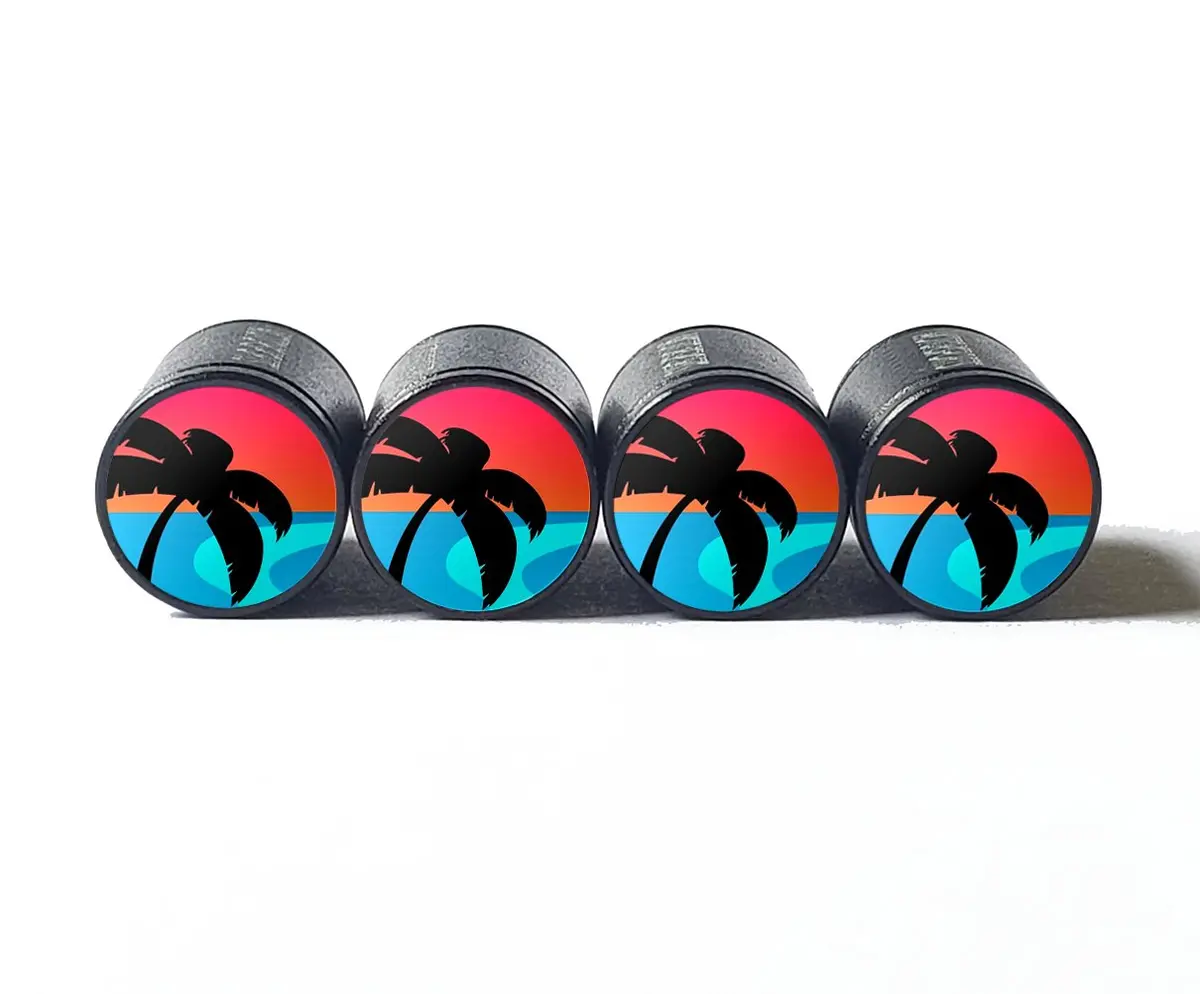 Exotic Beach Palm Tree (Style 18) Tire Valve Caps - Black Aluminum - Set Of Four 1