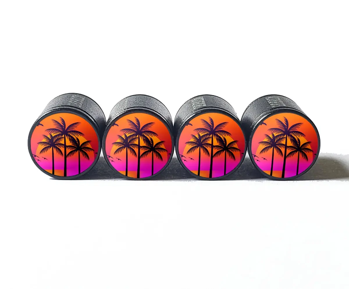 Exotic Beach Palm Tree (Style 19) Tire Valve Caps - Black Aluminum - Set Of Four 1