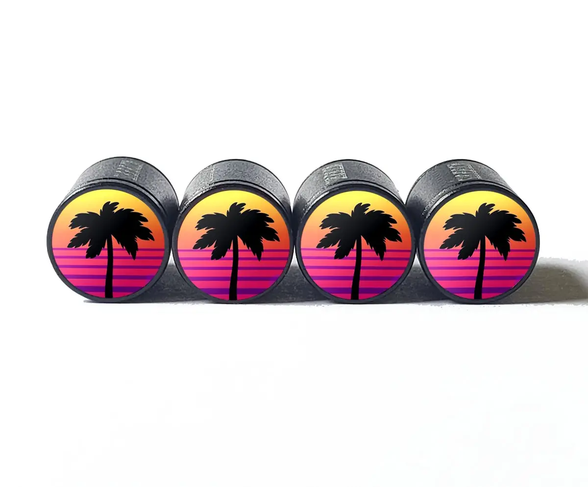 Exotic Beach Palm Trees (Style 16) Tire Valve Caps - Black Aluminum - Set Of Four 1