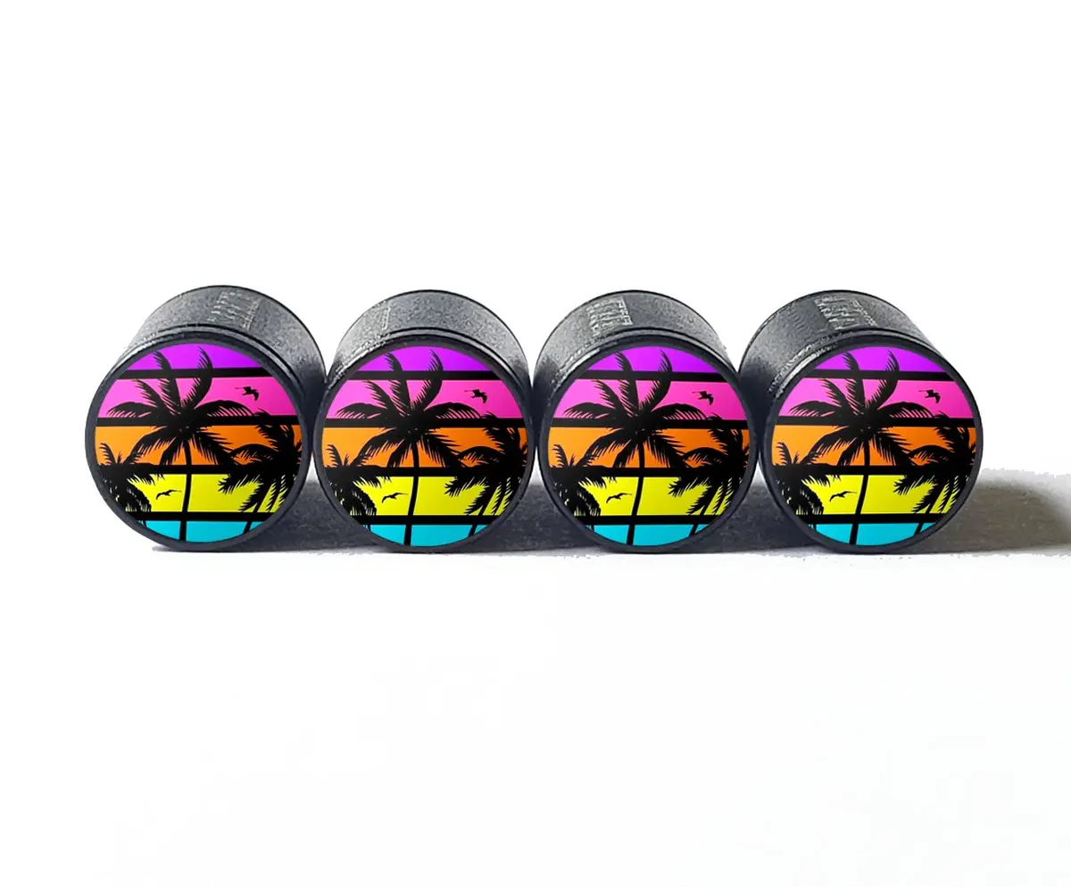 Exotic Beach Palm Trees (Style 17) Tire Valve Caps - Black Aluminum - Set Of Four 1
