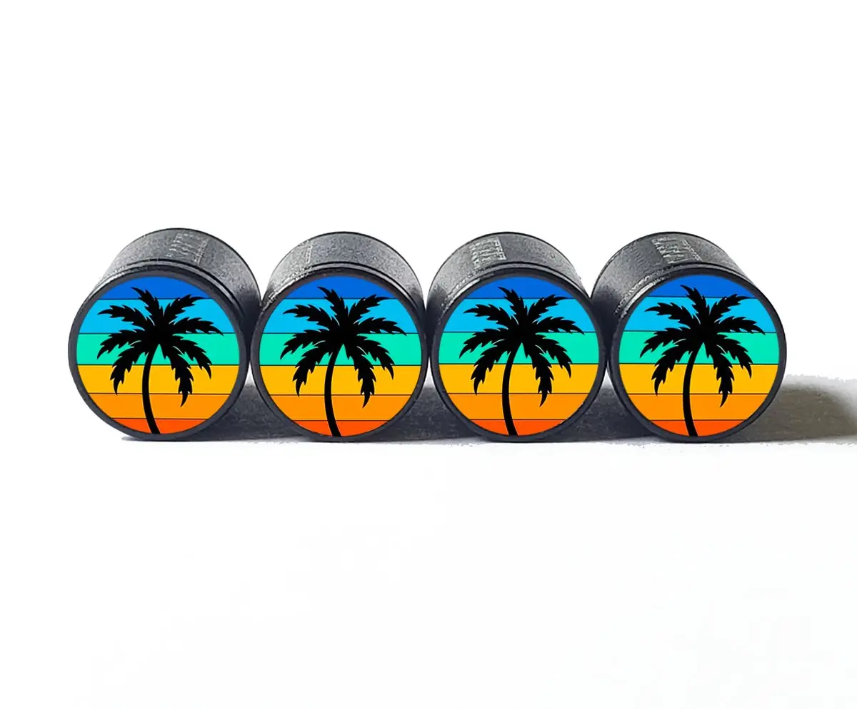 Exotic Beach Palm Trees (Style 20) Tire Valve Caps - Black Aluminum - Set Of Four 1