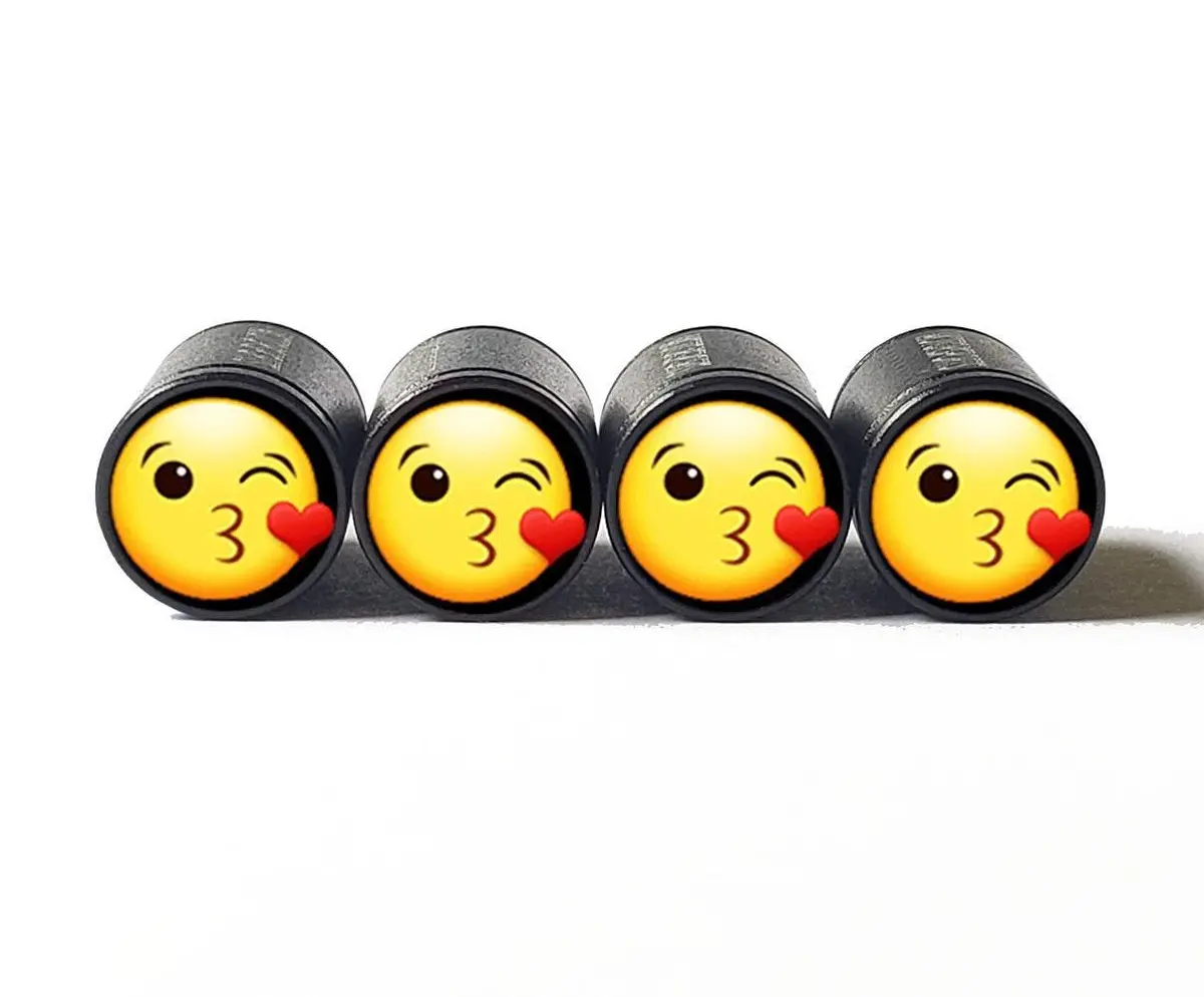 Face Blowing A Kiss Emoji Tire Valve Caps - Black Aluminum - Set Of 4 1