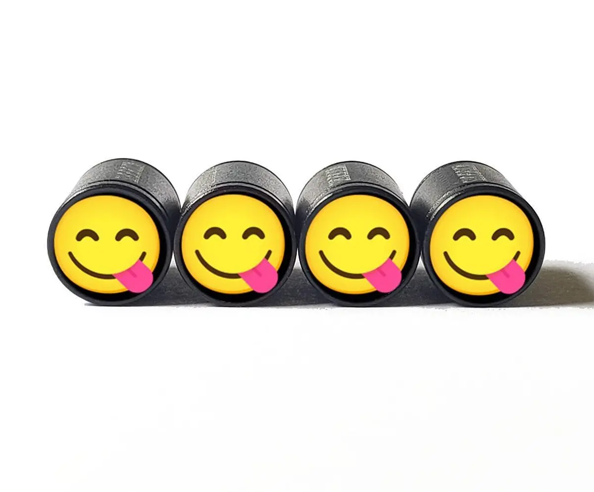 Face Savoring Food Emoji Tire Valve Caps - Black Aluminum - Set Of Four 1