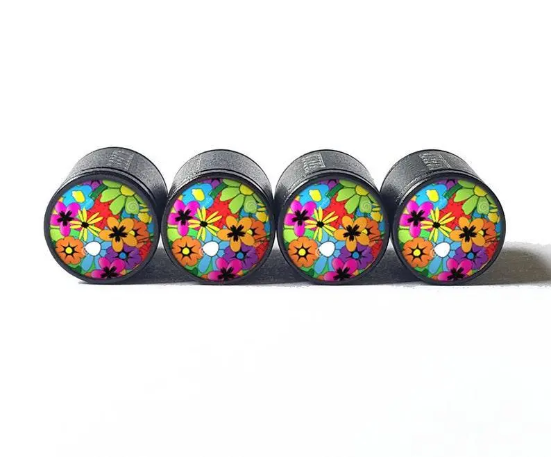 Flower Bouquet (Style 2) Tire Valve Caps - Black Aluminum - Set Of Four 1